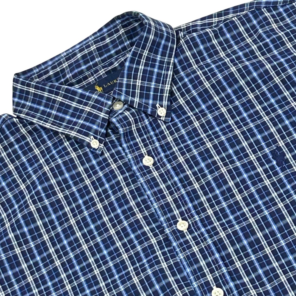 Ralph Lauren Button Down Shirt Mens Large Blue Plaid Classic Fit Stretch Nylon